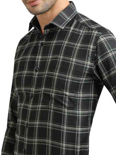 Model wearing Clarke Gable's Dark Green With White Checked Formal Shirt in a casual setting