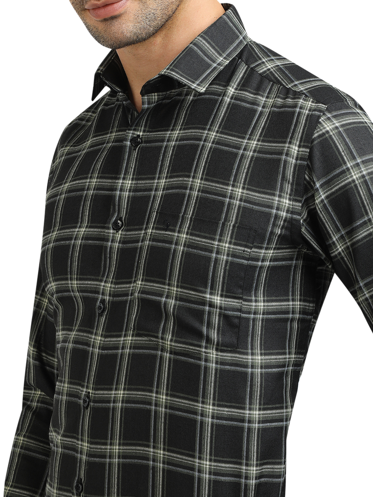 Model wearing Clarke Gable's Dark Green With White Checked Formal Shirt in a casual setting