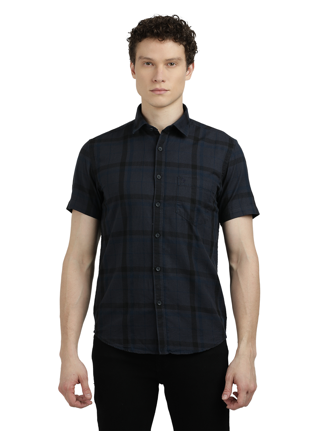 Model wearing Clarke Gable's Dark Grey Checked Semi Casual Shirt in a casual setting