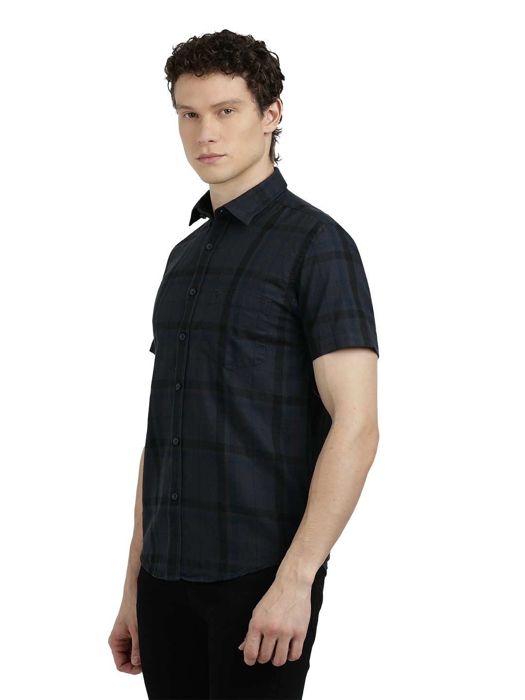 Model wearing Clarke Gable's Dark Grey Checked Semi Casual Shirt in a casual setting