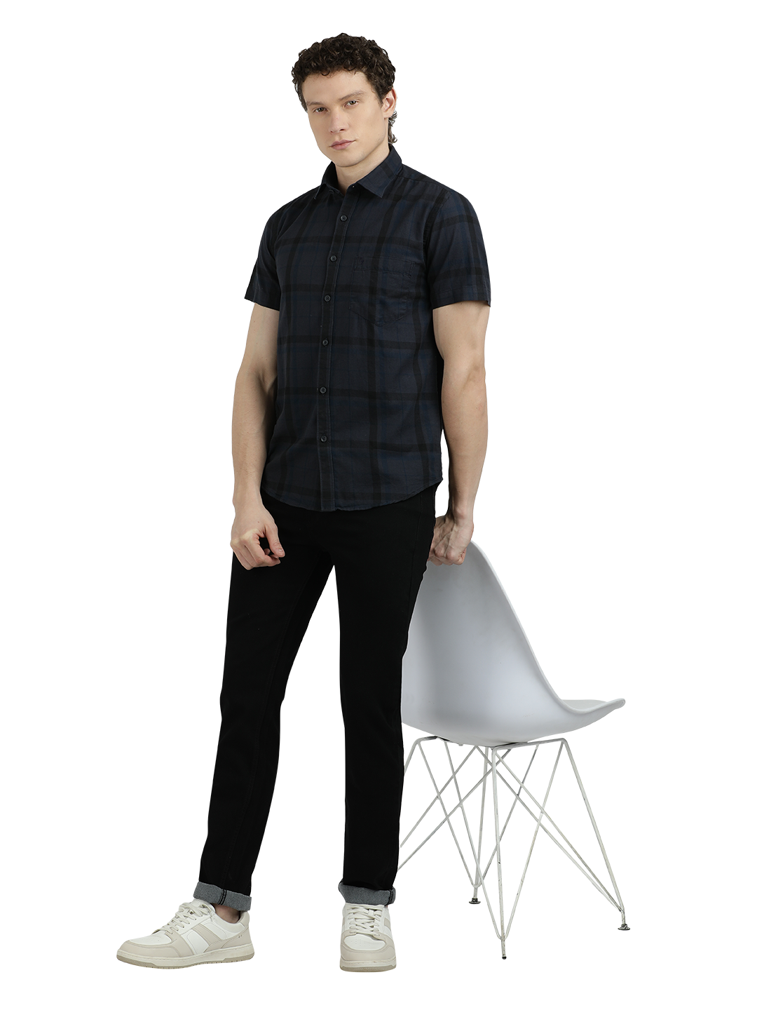 Model wearing Clarke Gable's Dark Grey Checked Semi Casual Shirt in a casual setting