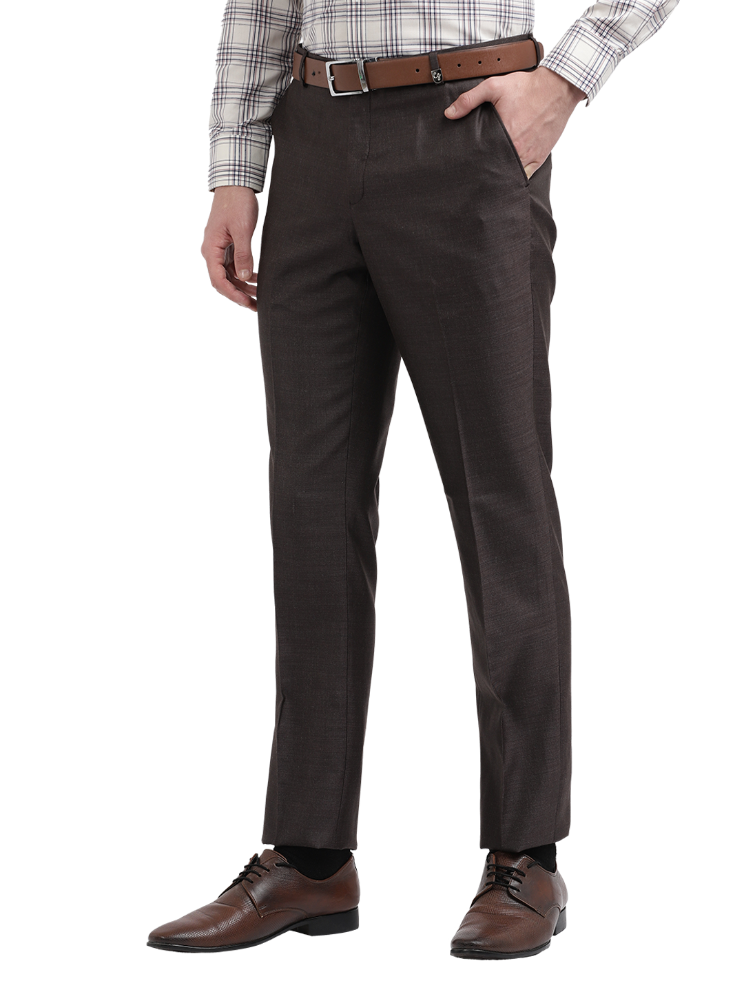 Model wearing Clarke Gable's Dark Grey Relax Fit Trousers in a casual setting