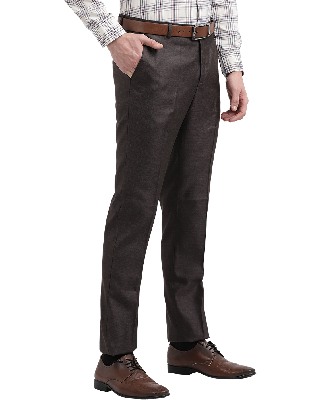 Model wearing Clarke Gable's Dark Grey Relax Fit Trousers in a casual setting