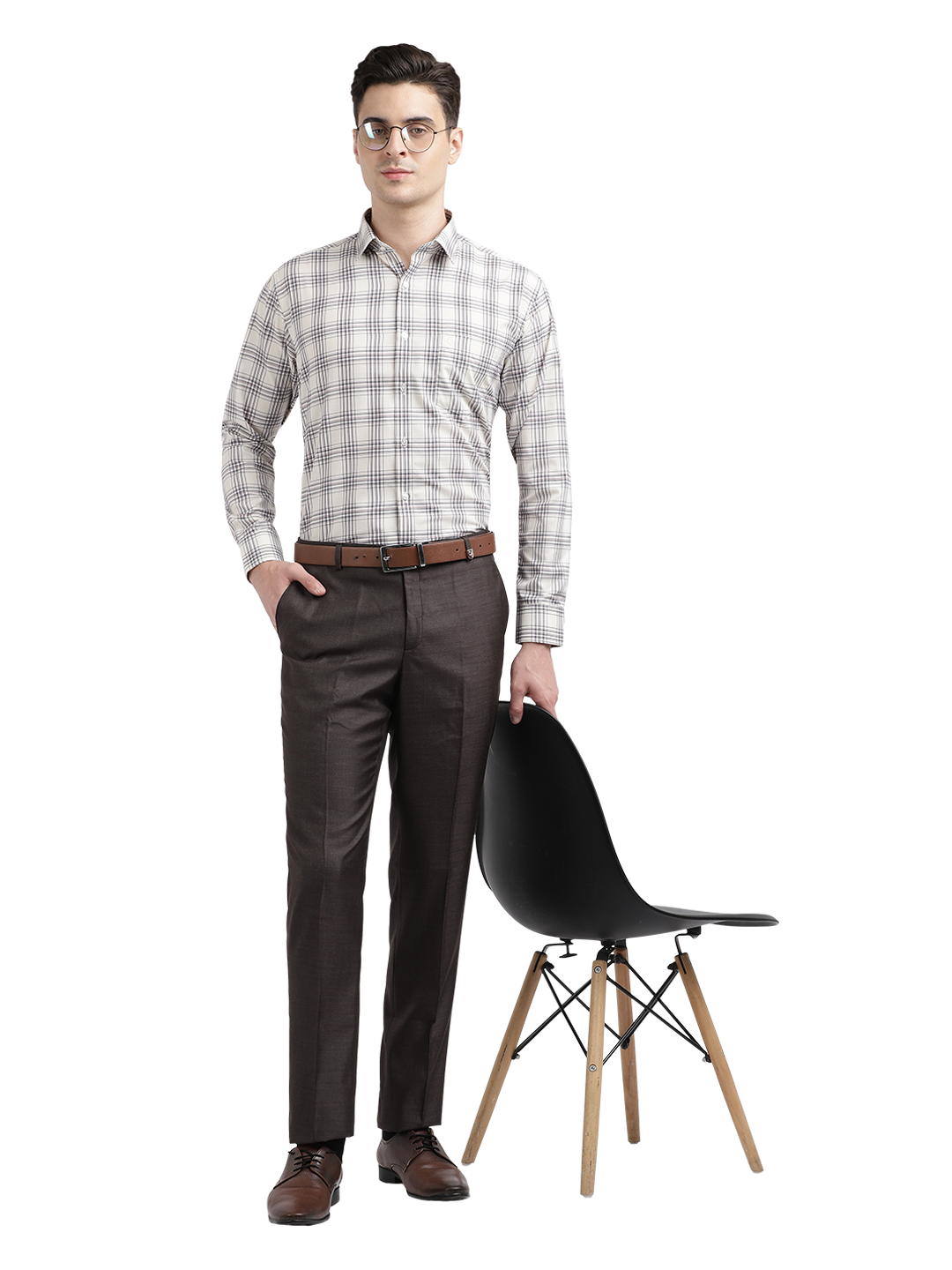 Model wearing Clarke Gable's Dark Grey Relax Fit Trousers in a casual setting