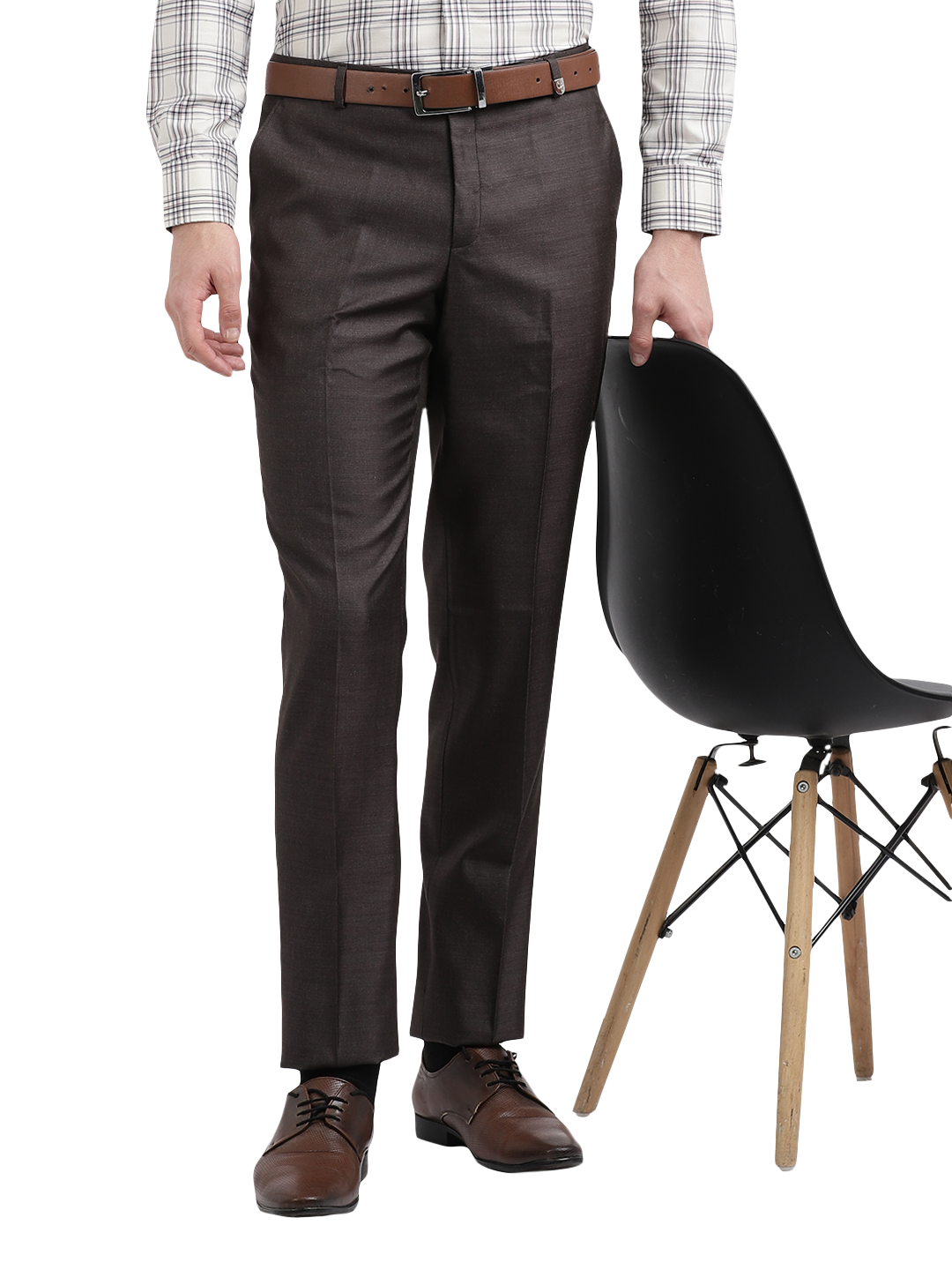 Model wearing Clarke Gable's Dark Grey Relax Fit Trousers in a casual setting