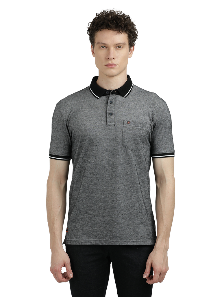 Model wearing Clarke Gable's Dark Grey Solid Polo Collar T-Shirt in a casual setting