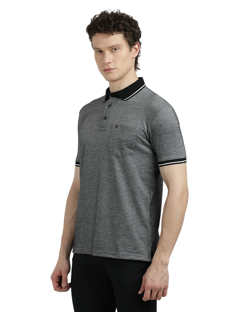 Model wearing Clarke Gable's Dark Grey Solid Polo Collar T-Shirt in a casual setting