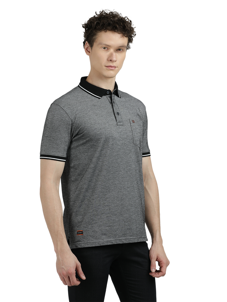 Model wearing Clarke Gable's Dark Grey Solid Polo Collar T-Shirt in a casual setting