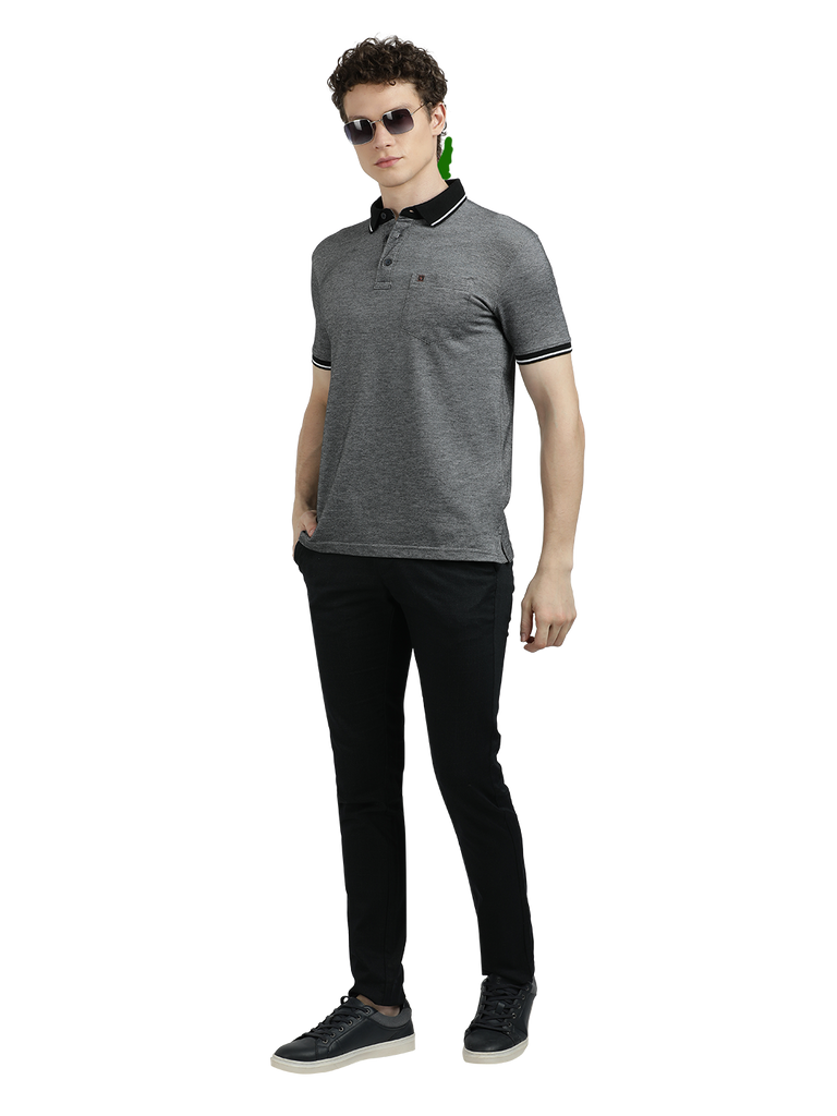 Model wearing Clarke Gable's Dark Grey Solid Polo Collar T-Shirt in a casual setting