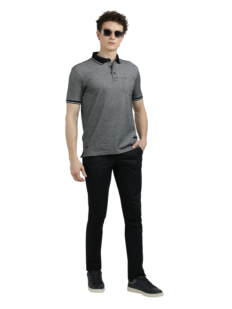 Model wearing Clarke Gable's Dark Grey Solid Polo Collar T-Shirt in a casual setting