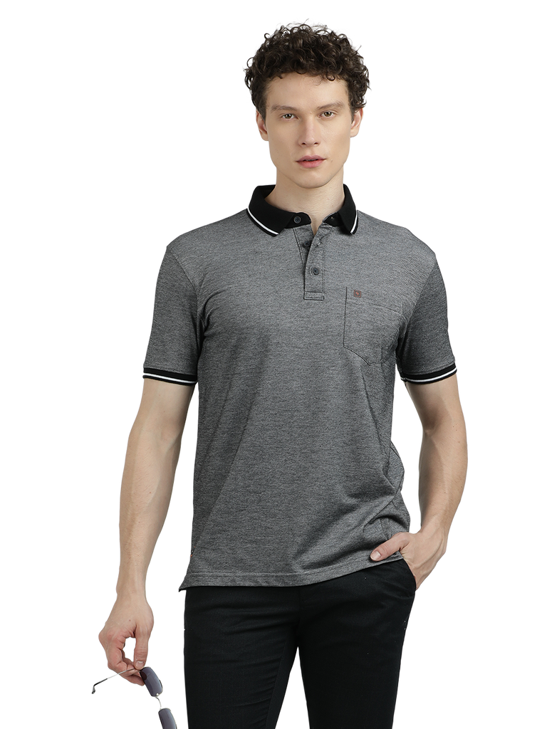 Model wearing Clarke Gable's Dark Grey Solid Polo Collar T-Shirt in a casual setting