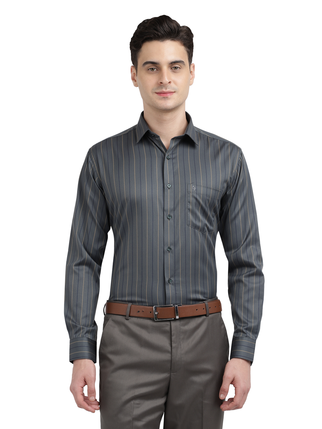 Model wearing Clarke Gable's Dark Grey Striped Formal Shirt in a casual setting