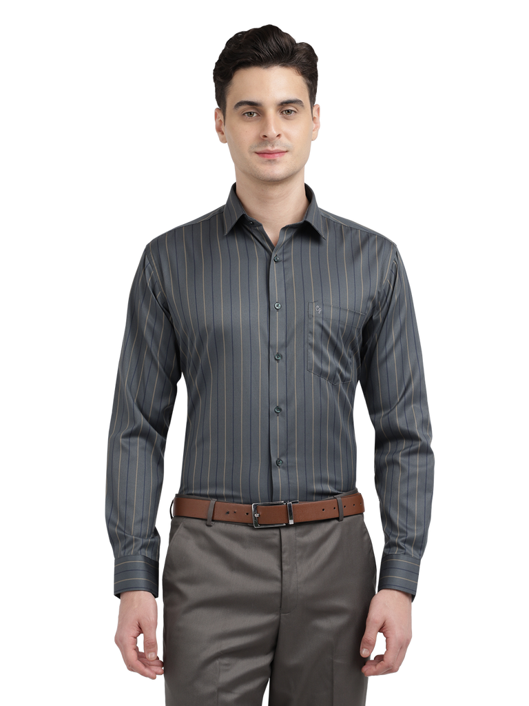 Model wearing Clarke Gable's Dark Grey Striped Formal Shirt in a casual setting