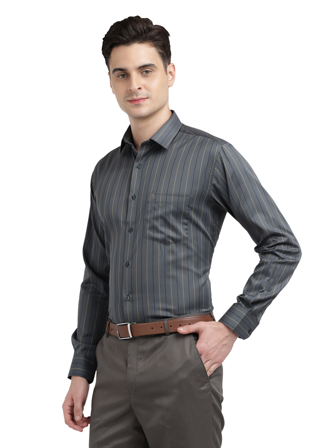 Model wearing Clarke Gable's Dark Grey Striped Formal Shirt in a casual setting