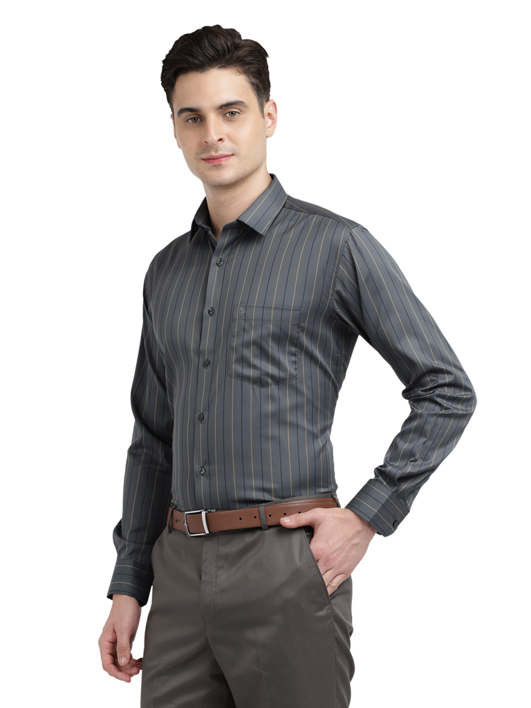 Model wearing Clarke Gable's Dark Grey Striped Formal Shirt in a casual setting