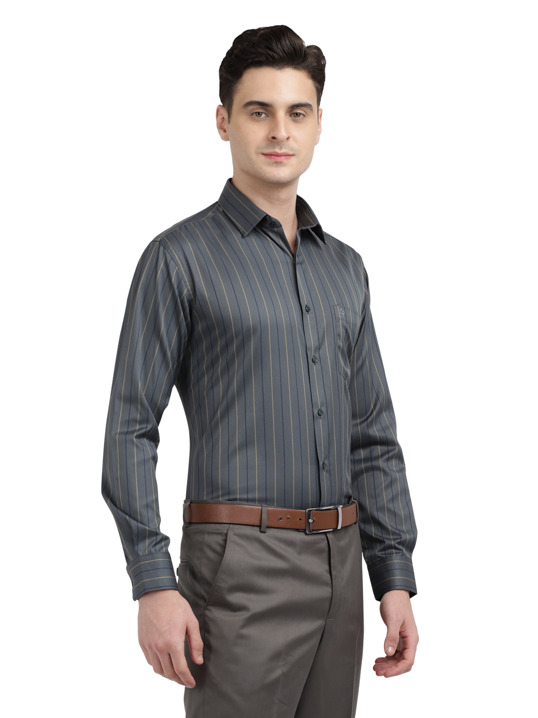 Model wearing Clarke Gable's Dark Grey Striped Formal Shirt in a casual setting