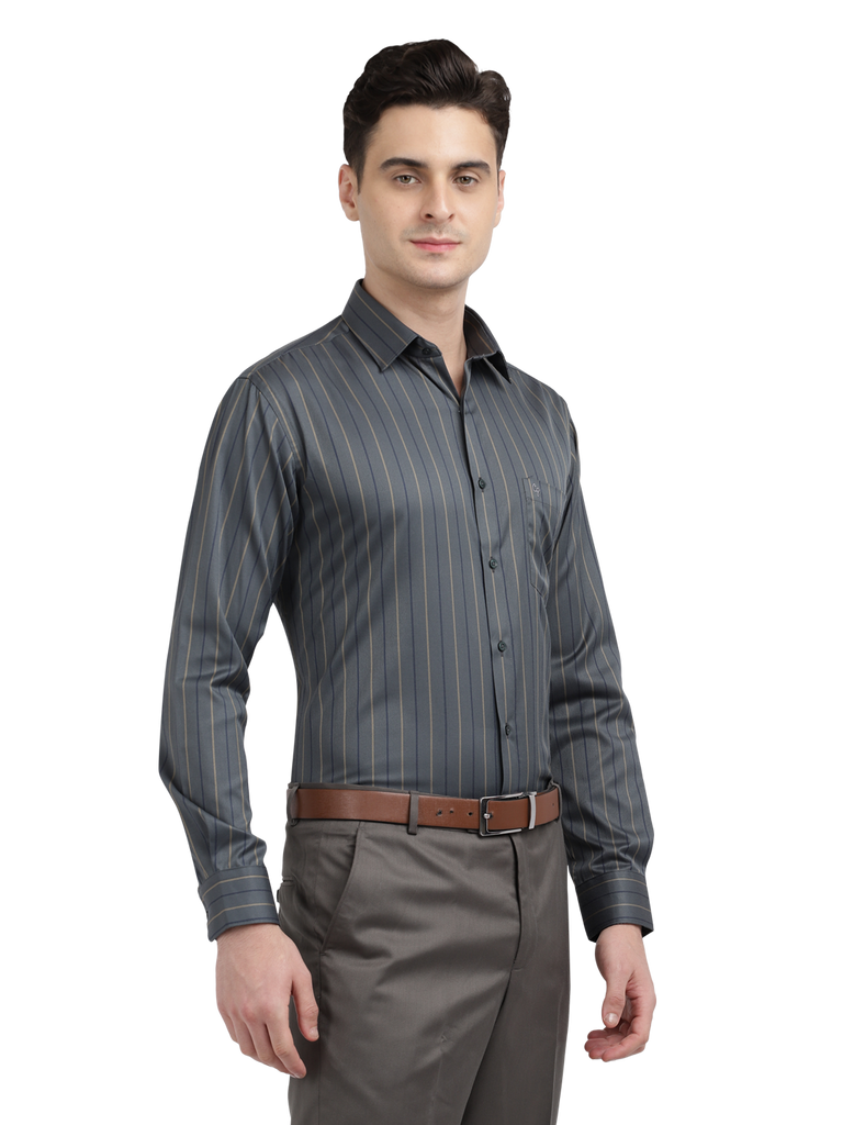 Model wearing Clarke Gable's Dark Grey Striped Formal Shirt in a casual setting