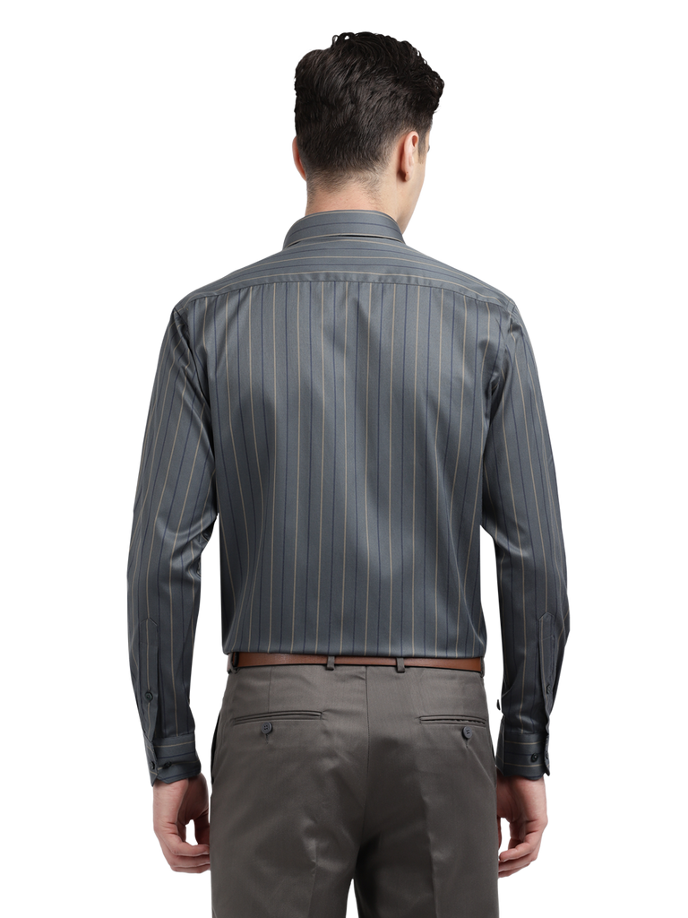 Model wearing Clarke Gable's Dark Grey Striped Formal Shirt in a casual setting