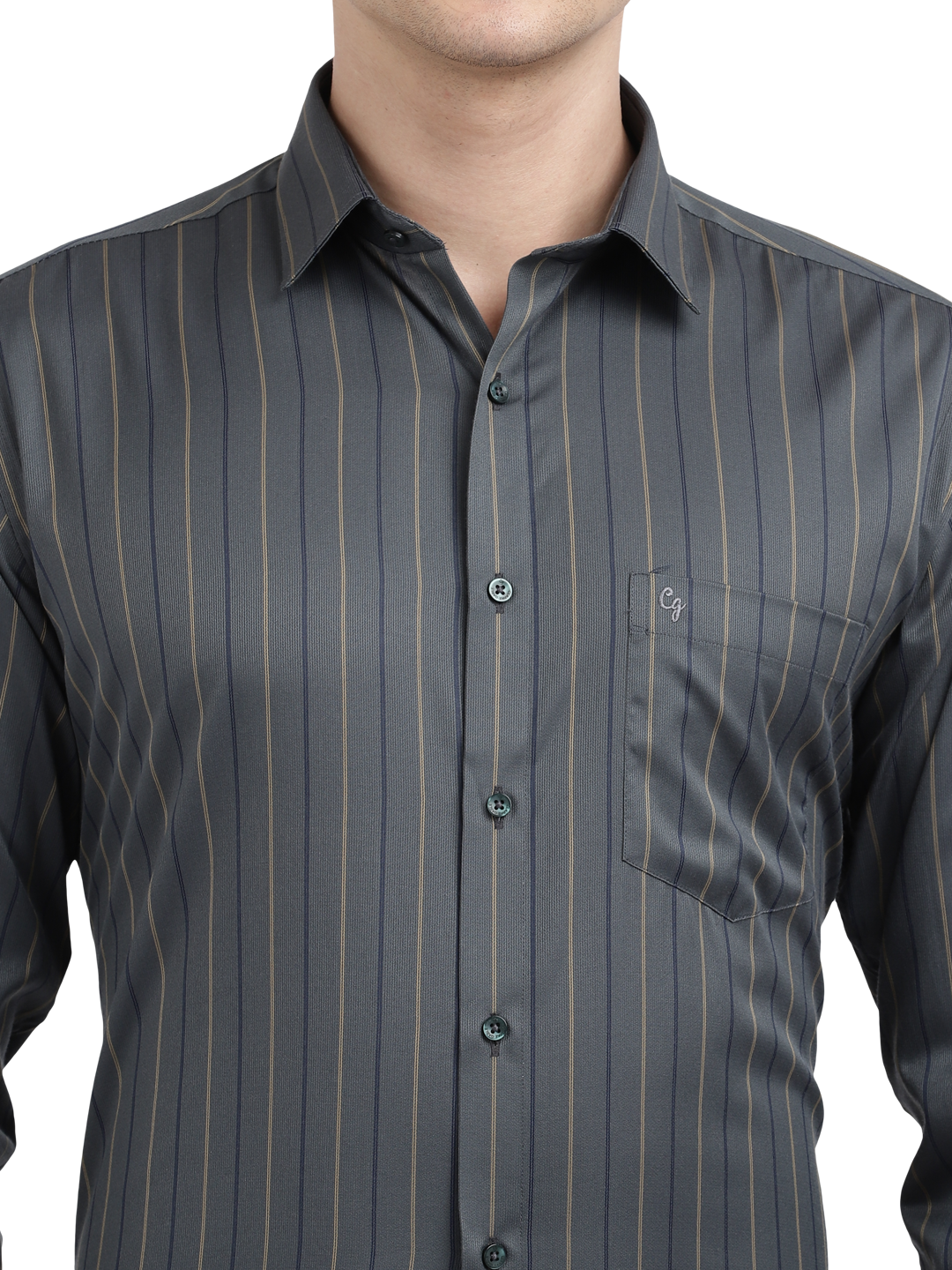 Model wearing Clarke Gable's Dark Grey Striped Formal Shirt in a casual setting