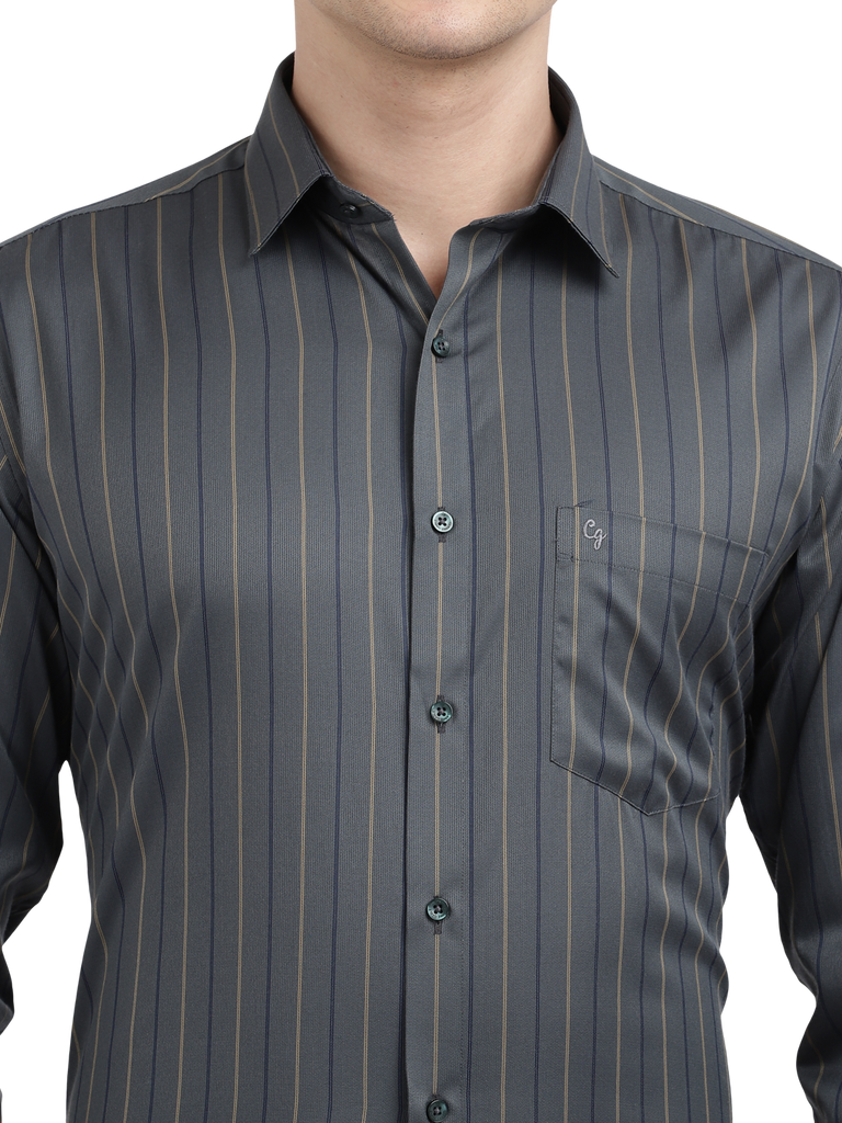 Model wearing Clarke Gable's Dark Grey Striped Formal Shirt in a casual setting