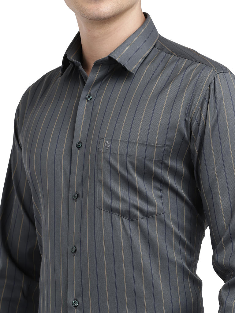 Model wearing Clarke Gable's Dark Grey Striped Formal Shirt in a casual setting