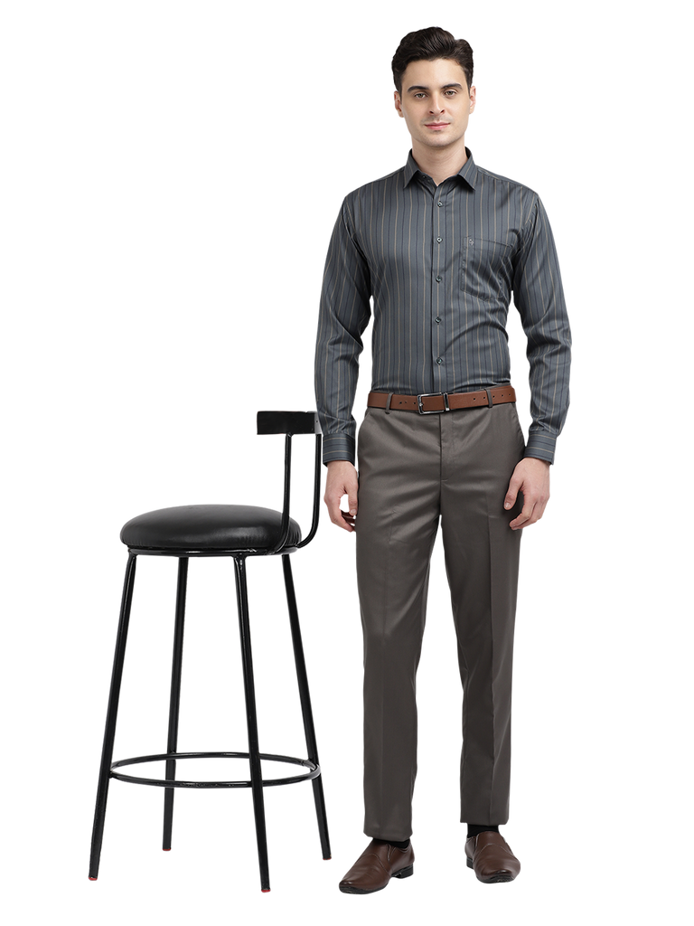 Model wearing Clarke Gable's Dark Grey Striped Formal Shirt in a casual setting