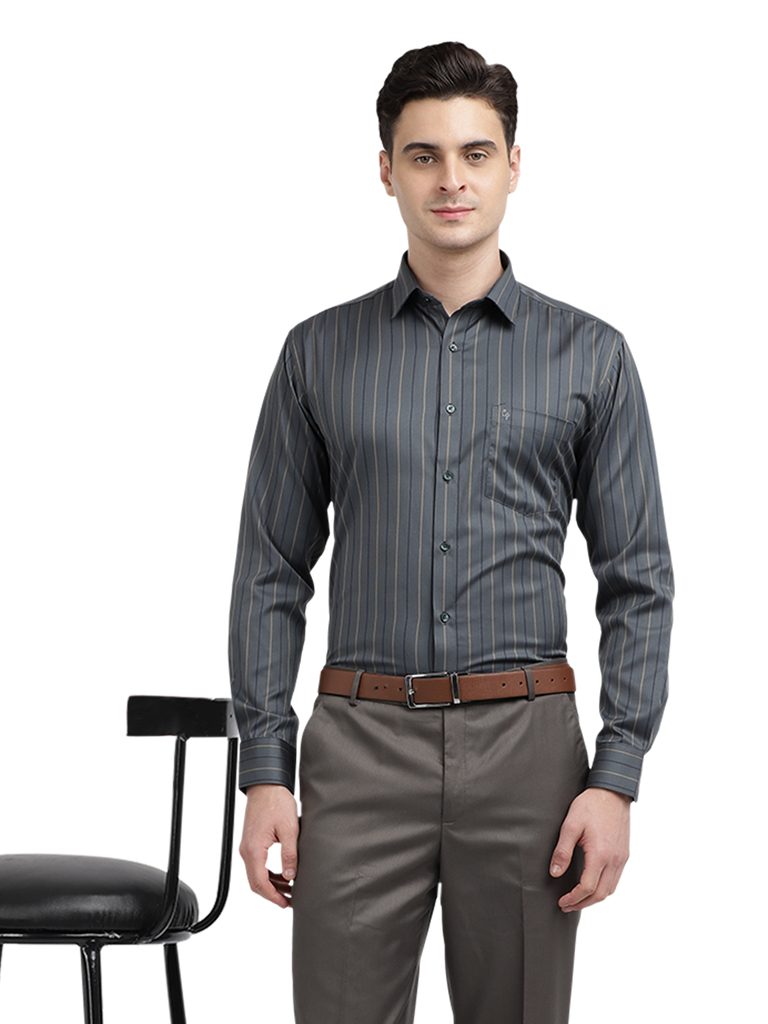 Model wearing Clarke Gable's Dark Grey Striped Formal Shirt in a casual setting