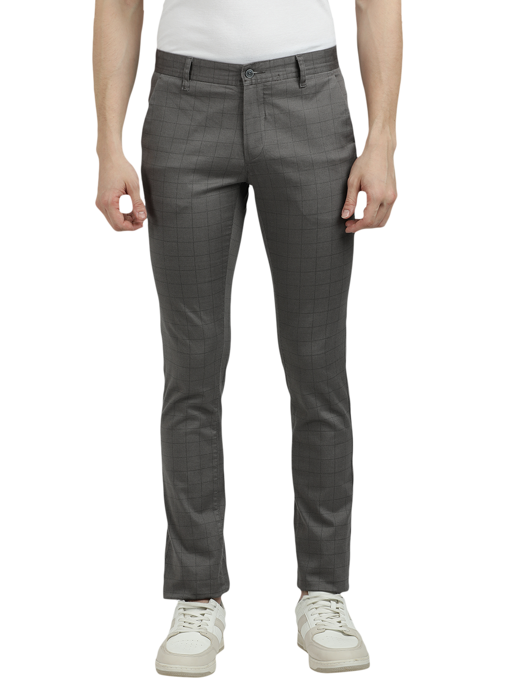 Model wearing Clarke Gable's Dark Grey Trim Fit Trousers in a casual setting