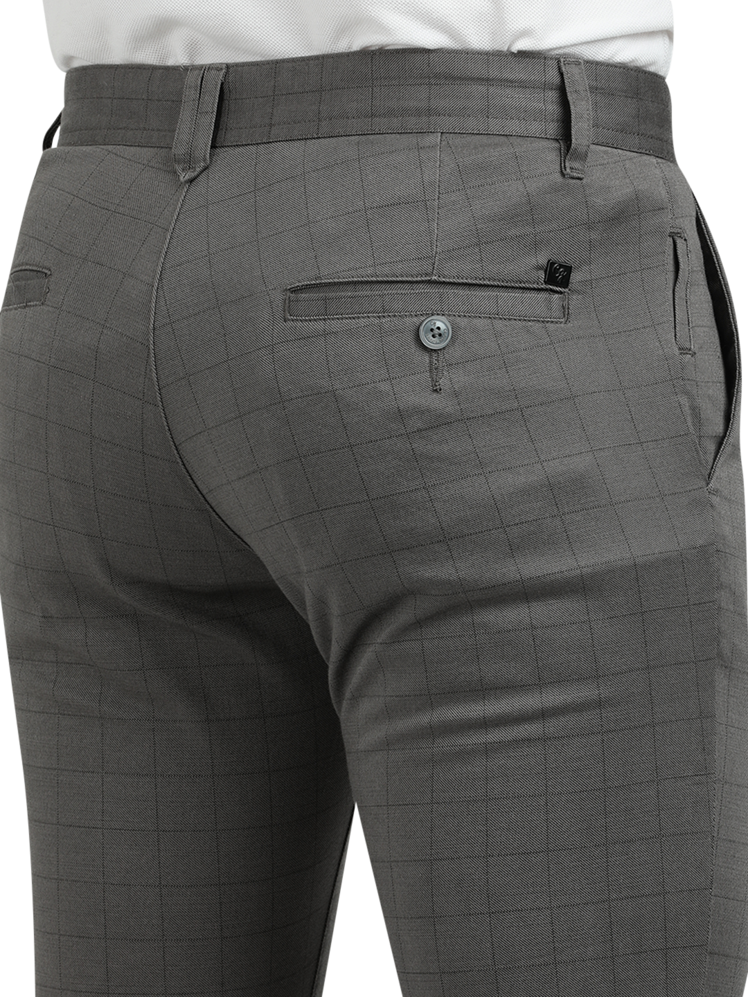 Model wearing Clarke Gable's Dark Grey Trim Fit Trousers in a casual setting