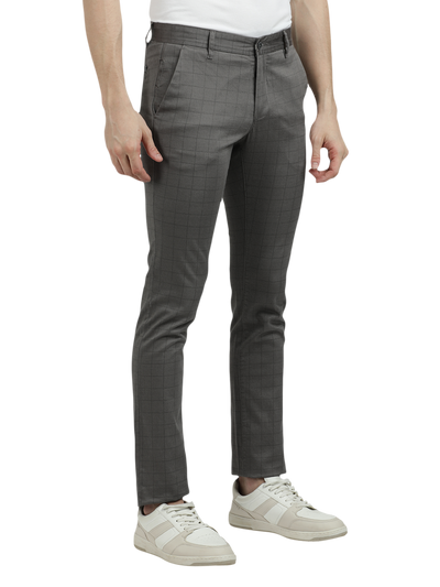 Model wearing Clarke Gable's Dark Grey Trim Fit Trousers in a casual setting