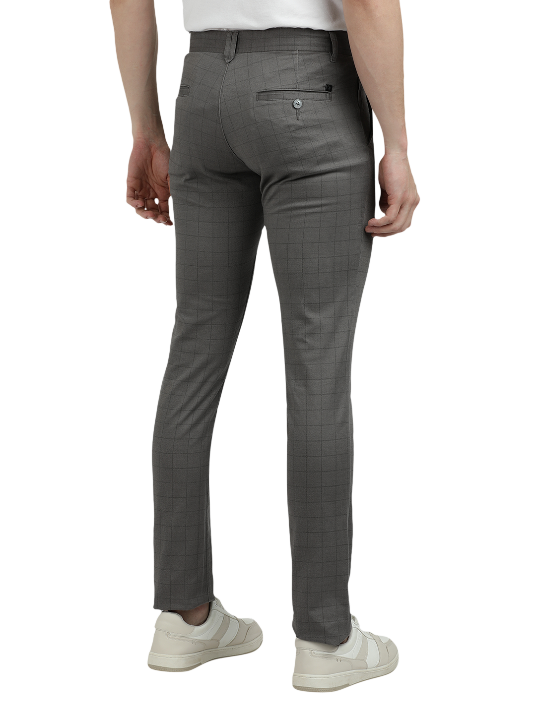 Model wearing Clarke Gable's Dark Grey Trim Fit Trousers in a casual setting