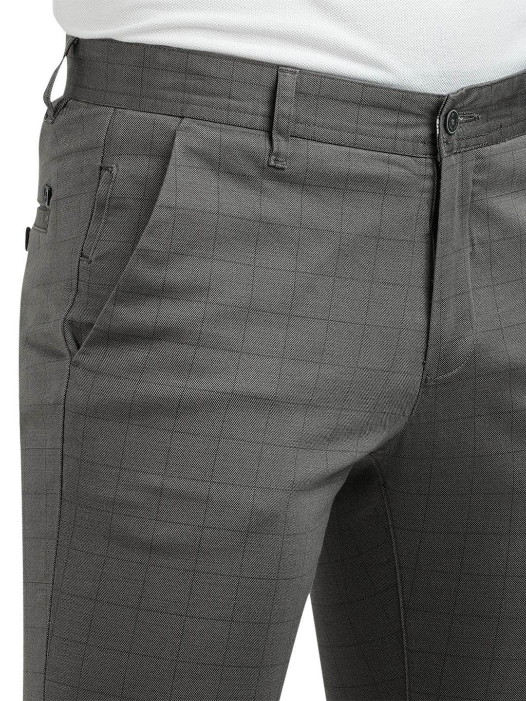 Model wearing Clarke Gable's Dark Grey Trim Fit Trousers in a casual setting