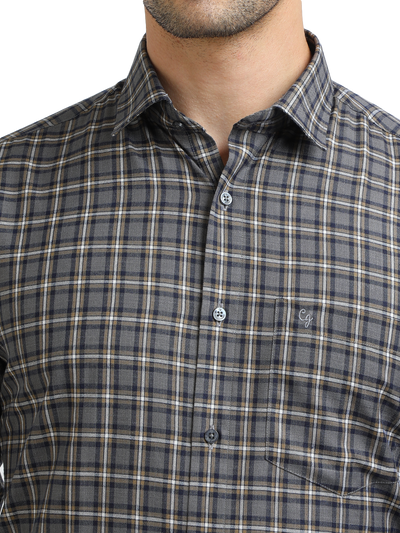 Model wearing Clarke Gable's Dark Grey With White Checked Formal Shirt in a casual setting