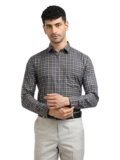 Model wearing Clarke Gable's Dark Grey With White Checked Formal Shirt in a casual setting