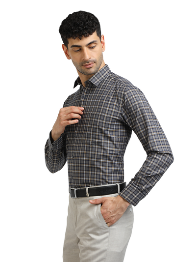 Model wearing Clarke Gable's Dark Grey With White Checked Formal Shirt in a casual setting