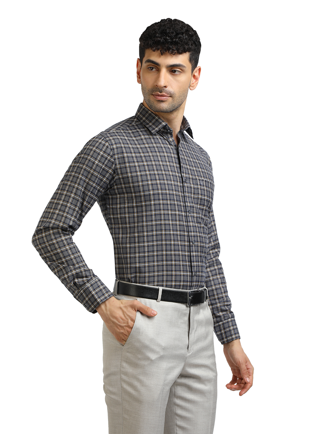 Model wearing Clarke Gable's Dark Grey With White Checked Formal Shirt in a casual setting