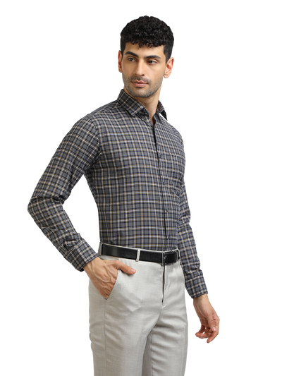 Model wearing Clarke Gable's Dark Grey With White Checked Formal Shirt in a casual setting