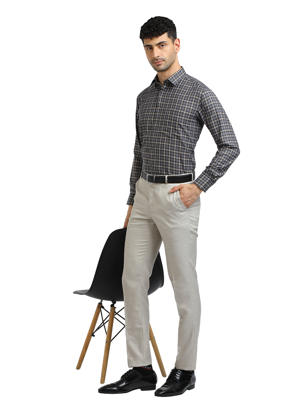 Model wearing Clarke Gable's Dark Grey With White Checked Formal Shirt in a casual setting
