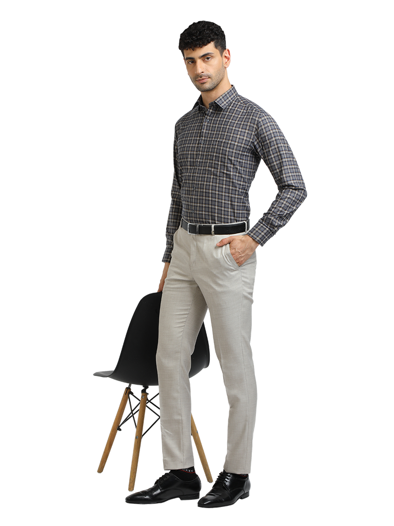 Model wearing Clarke Gable's Dark Grey With White Checked Formal Shirt in a casual setting