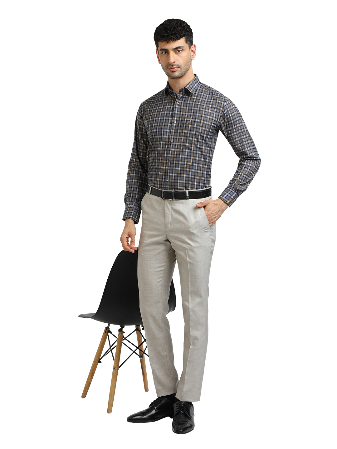 Model wearing Clarke Gable's Dark Grey With White Checked Formal Shirt in a casual setting