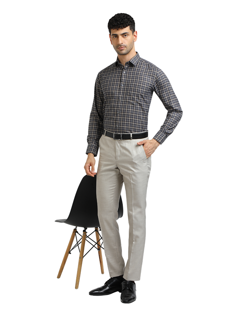 Model wearing Clarke Gable's Dark Grey With White Checked Formal Shirt in a casual setting