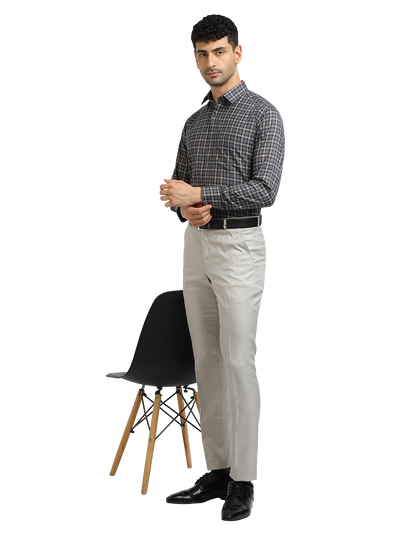 Model wearing Clarke Gable's Dark Grey With White Checked Formal Shirt in a casual setting