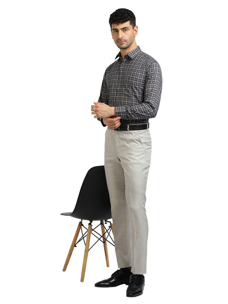 Model wearing Clarke Gable's Dark Grey With White Checked Formal Shirt in a casual setting