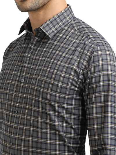 Model wearing Clarke Gable's Dark Grey With White Checked Formal Shirt in a casual setting