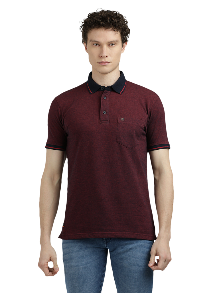 Model wearing Clarke Gable's Dark Maroon Solid Polo Collar T-Shirt in a casual setting