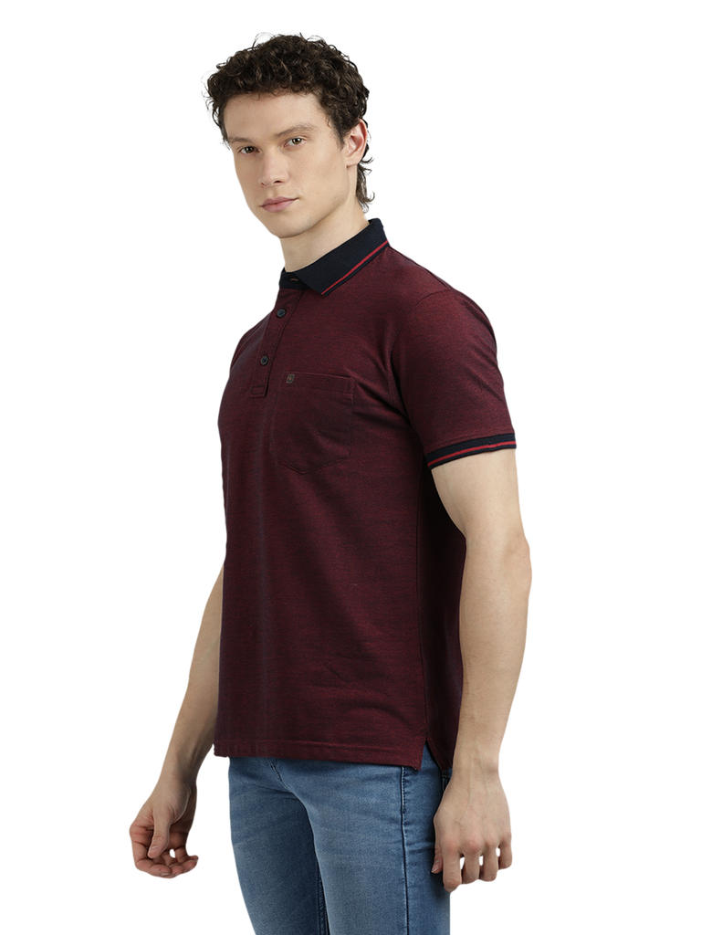 Model wearing Clarke Gable's Dark Maroon Solid Polo Collar T-Shirt in a casual setting