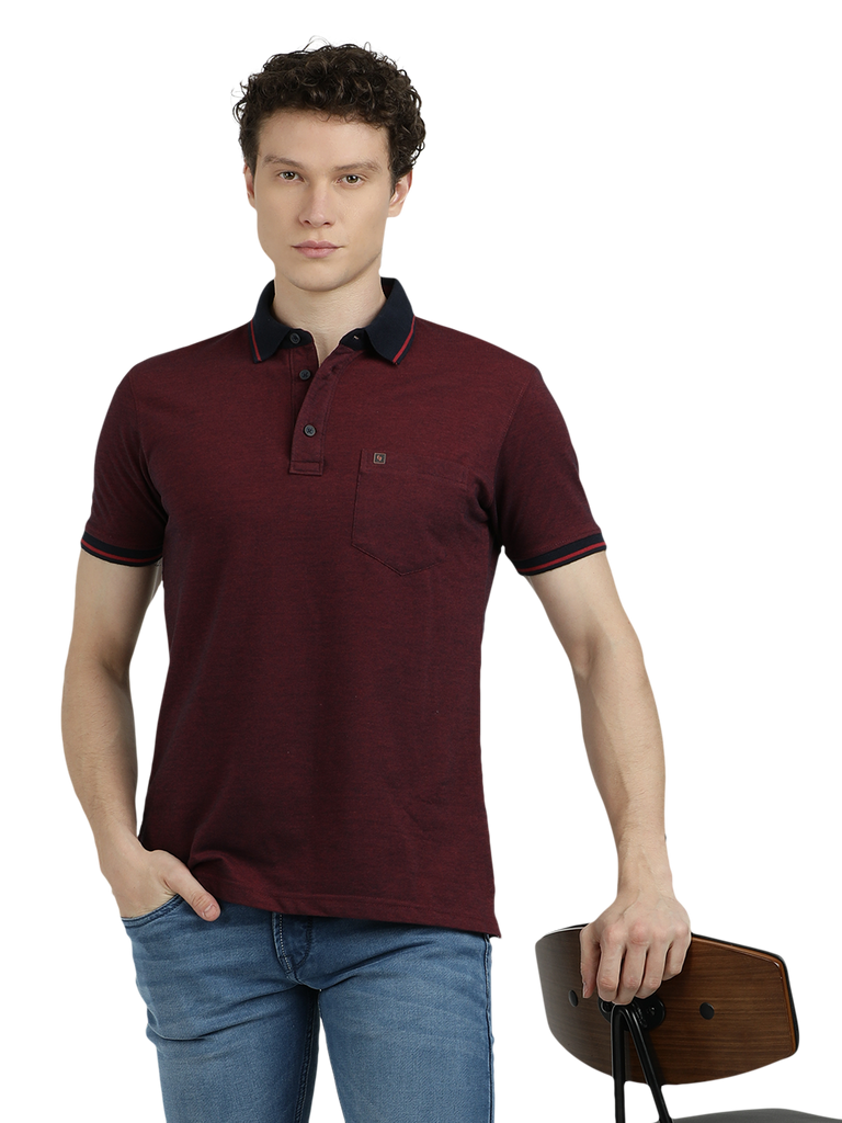 Model wearing Clarke Gable's Dark Maroon Solid Polo Collar T-Shirt in a casual setting