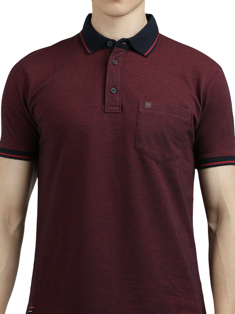 Model wearing Clarke Gable's Dark Maroon Solid Polo Collar T-Shirt in a casual setting