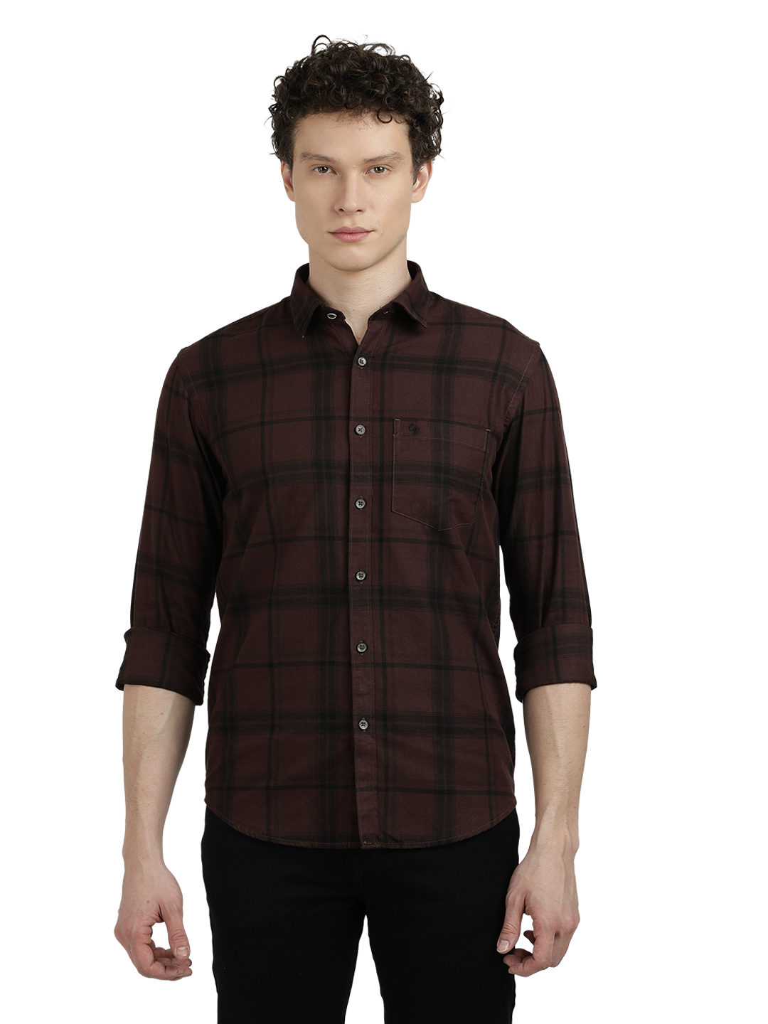 Model wearing Clarke Gable's Dark Maroon With Black Checked Semi Casual Shirt in a casual setting