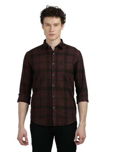 Model wearing Clarke Gable's Dark Maroon With Black Checked Semi Casual Shirt in a casual setting